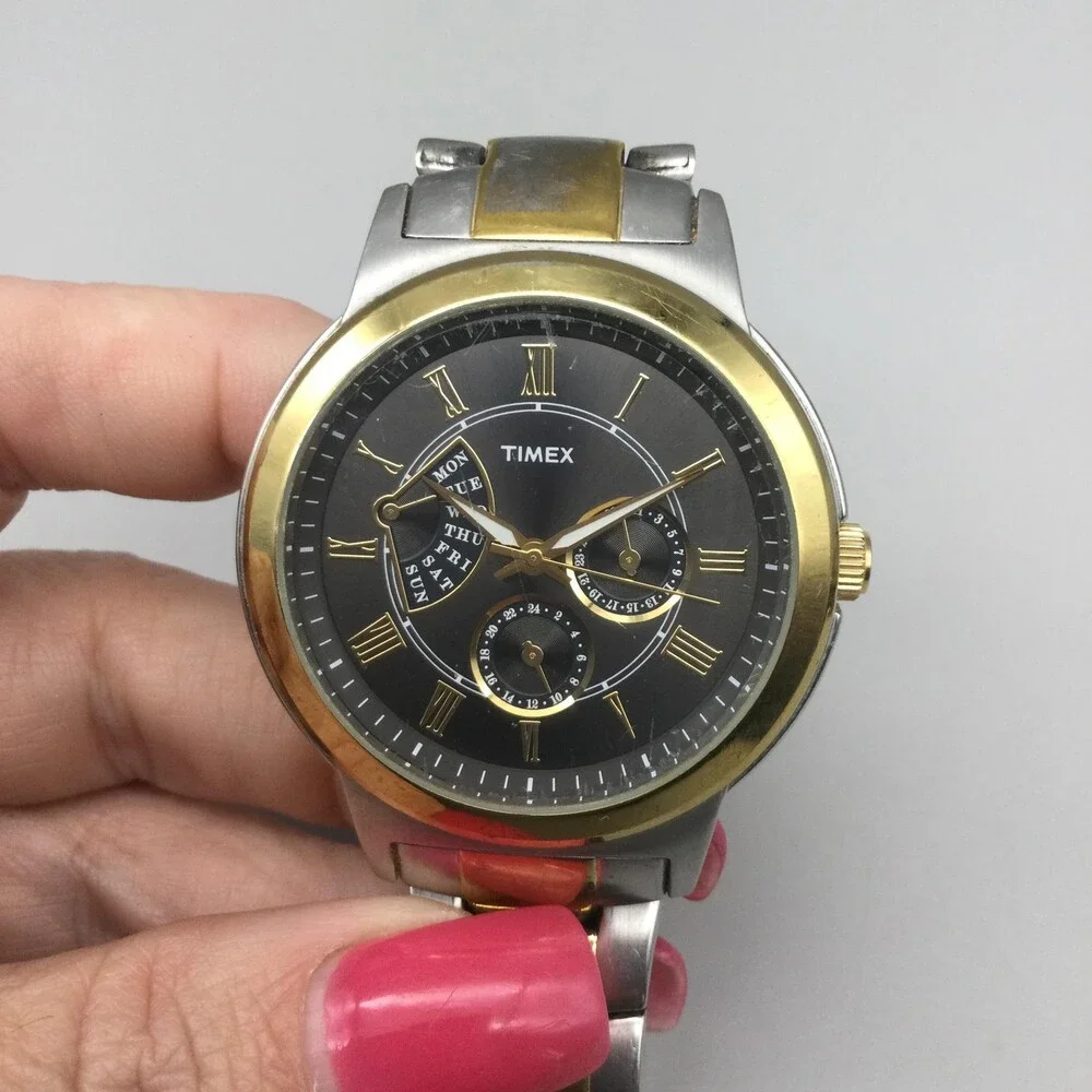 Timex Retrograde Mens Watch 43mm Black Dial Two Tone Day Date New Battery 8.25